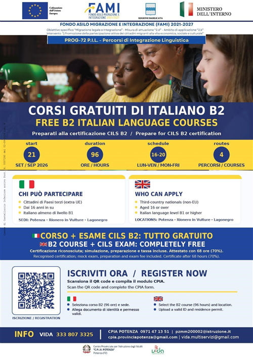 Progetto PROG-72 "PIL - Percorso Integrazione Linguistica", finanziato dal Fondo Asilo, Migrazione e Integrazione (FAMI) 2021-2027 e promosso dalla Regione Basilicata-Corsi gratuiti di lingua italiana livello B2
