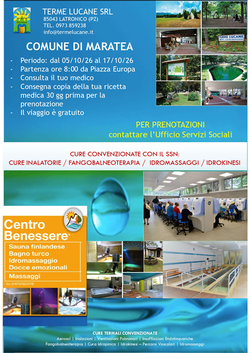 LE TERME LUCANE DI LATRONICO E IL COMUNE DI MARATEA ORGANIZZANO PER I CITTADINI UN CICLO DI CURE TERMALI ( dal 5 Ottobre2026- al 17 Ottobre 2026)